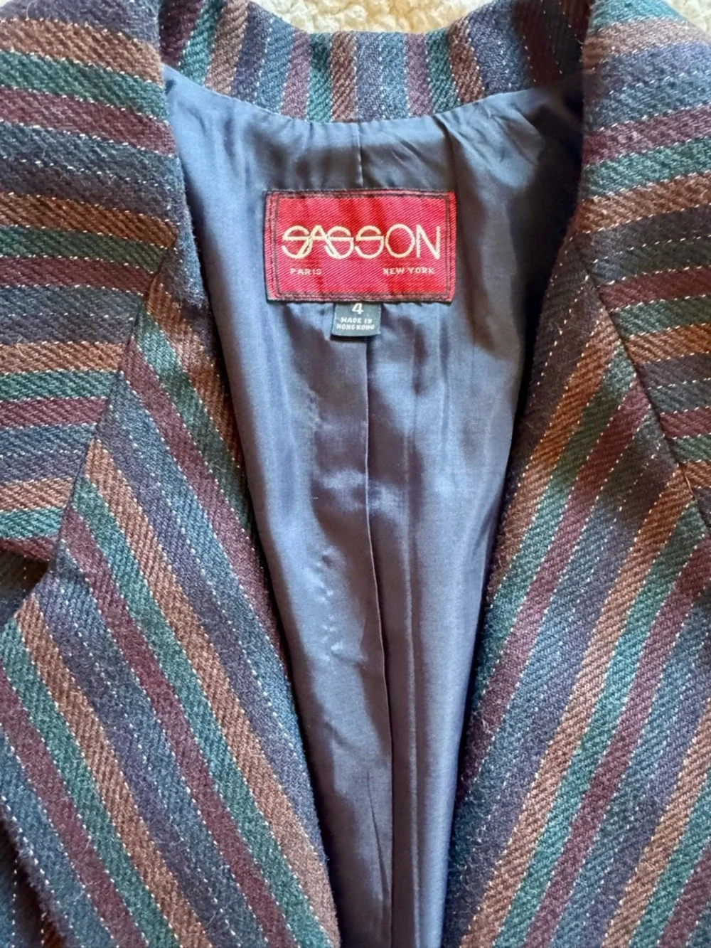 Vintage 80s Sasson Wool Blend Striped Blazer Dark Academia Jacket Sz 4